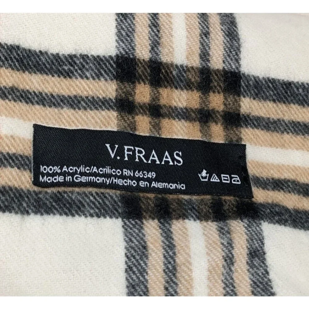 V Fraas Scarf Made In Germany Tan Plaid Fringe Acrylic 9x52 Very Soft